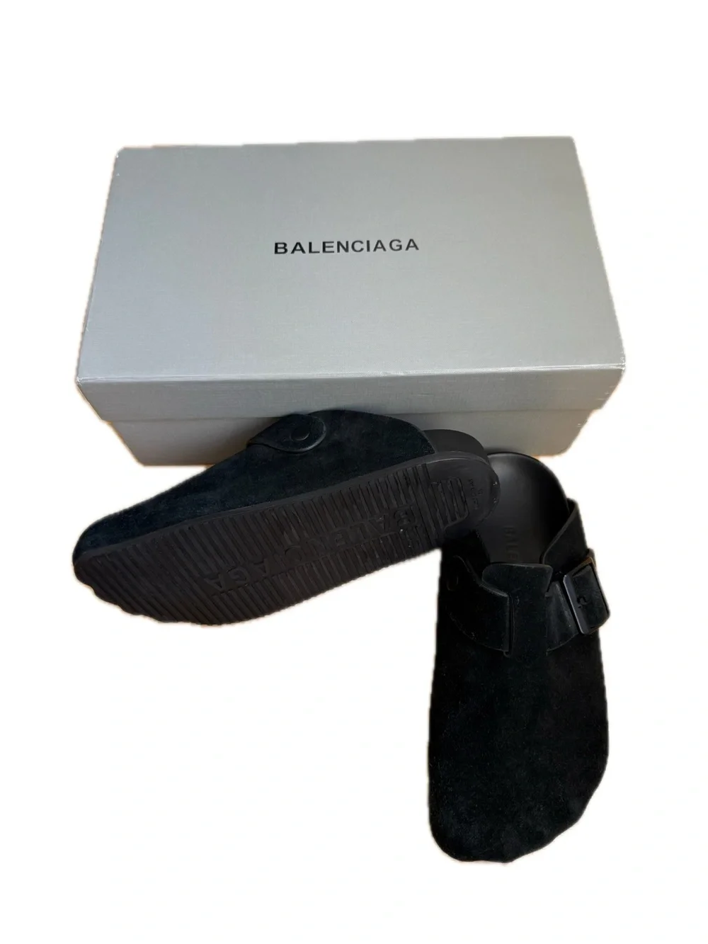 Balenciaga Men's Black Suede Slip-On Clogs with Buckle Strap